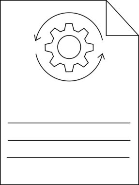 Üstünde dişli ve ok olan beyaz bir belge ve altında da üç çizgi.
