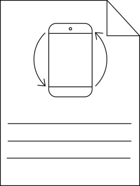 Üç yatay çizgi ve bükülmüş sayfa köşesi üzerinde eğri okları olan bir telefon simgesinin siyah beyaz görüntüsü