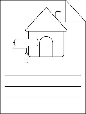 Boyalı silindir köşeli bir evin çizgi çizimi ve beyaz arka planda çizgiler.