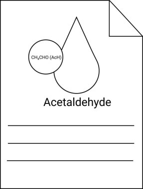 Asetaldehit etiketli bir sayfa, bir çember gözyaşı damlası ve katlanmış köşeli bir diyagram görüntüler