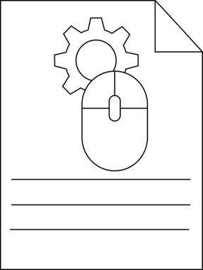 Biçimlendirilmiş bir taslak çizimi bir sayfa üzerinde bilgisayar fare dişli kağıt levhası ve metin satırlarını gösterir
