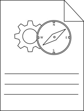 Üst köşesi katlanmış bir sayfaya pusula ve dişli çizimi