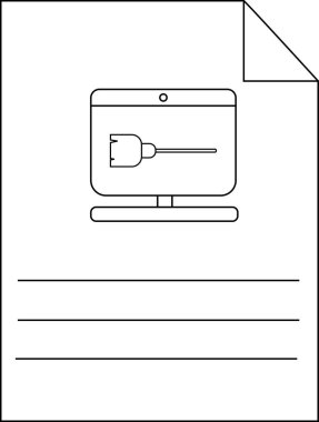 Bir belge, altta bir tıpa ve üç yatay çizgi gösteren bir monitör içerir.