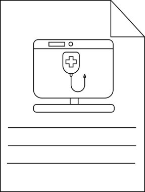 Ekranda tıbbi bir sembol bulunan bir bilgisayar ekranının siyah beyaz çizimi bir kağıt parçasında gösteriliyor.