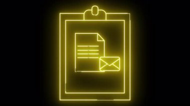 Siyah arkaplan üzerinde belge ve zarf simgesi olan parlak sarı neon pano