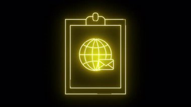 Siyah arkaplanda küre ve zarf simgesi olan sarı bir neon pano.