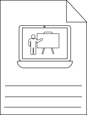 Bir sunucuyu yazı yazmak için satırları olan bir kağıt üzerinde beyaz tahtada gösteren bir dizüstü bilgisayar çizimi