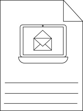 Bir çizgi aşağıdaki çizgilerin olduğu ve köşenin katlandığı bir belgede bir bilgisayar ekranı ve zarf gösterir