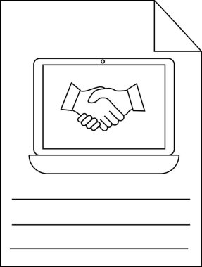 Çizgileri olan bir belgede el sıkışmasını gösteren bir dizüstü bilgisayar