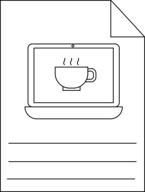 Dizüstü bilgisayarın çizgi çizimi bir fincan kahveyi aşağıdaki çizgilerle ve katlanmış köşe minimalisti gösteriyor.