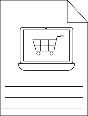 Bir belgede dizüstü bilgisayarda bir alışveriş arabası ve yazmak için boş satırlar yer alıyor