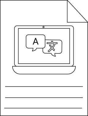 Bir belge, çeviri ima eden konuşma balonlarında A ve Çince karakterli bir dizüstü bilgisayar ekranını gösterir