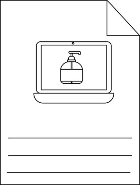Ekranda el dezenfektanı olan bilgisayar köşesi kıvrılmış bir sayfanın üstünde
