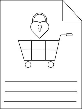 Kalp şeklinde bir kilidin altında katlanmış üst köşesi olan bir alışveriş arabasının çizgi çizimi.