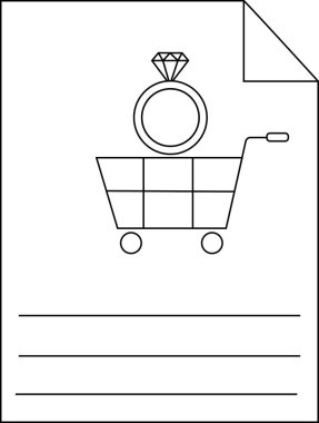 Üzerinde 3 yatay çizginin üzerinde bir elmas yüzük ve katlanmış bir üst köşe olan alışveriş arabası olan bir sayfa.