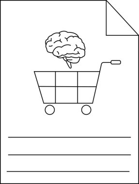 Kağıt üzerinde bir alışveriş arabasının üzerinde üç çizgili ve katlanmış köşeli bir beynin siyah beyaz çizimi.