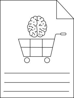 Satır sanatı, bir alışveriş arabasındaki beyni çizgiler ve katlanmış köşeli bir sayfada gösteriyor.