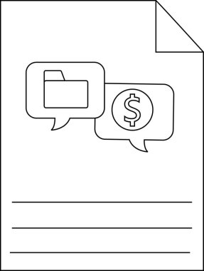 Bir belge konuşma baloncukları içinde bir dosya para simgesini ve metin için satırları gösterir