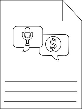 Üzerinde mikrofon ve dolar simgeleriyle konuşma baloncukları olan siyah beyaz kağıt çizimi artı üç satır