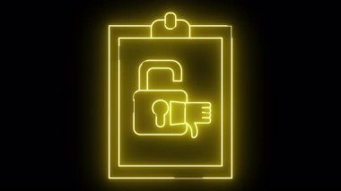 Siyah arkaplanda asma kilit ve başparmak simgesi olan parlak sarı neon pano