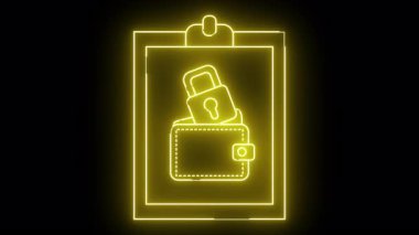 Cüzdanın üzerindeki neon grafik kilit siyah arkaplanda sarı parıltı