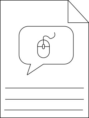 Siyah ve beyaz belge, üç yatay çizginin üzerinde bilgisayar faresi olan konuşma baloncuklarını gösterir