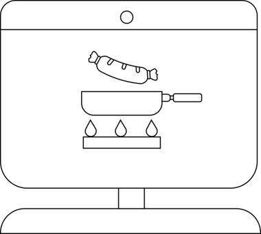 Tavanın üstünde bir sosis ve tavada alevler olan bir soba çizimi.