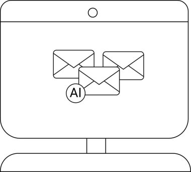 Bilgisayar monitörü üç zarf gösteriyor ve bir zarfa yapay zeka yerleştirilmiş.