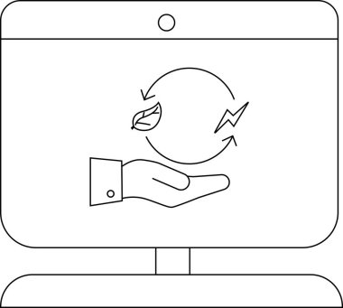Bir yaprak ve yıldırım simgesi ile dairesel bir ok tutan bir el görüntüleme monitörü