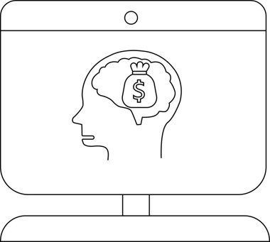 İçinde bir dolar çantası olan bir beyni gösteren bir bilgisayar ekranının taslağı.