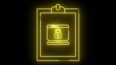 Sarı neon, siyah bir arkaplanda açık asma kilit sembollü bir bilgisayar monitörünü gösteren bir pano çizer