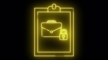 Neon sarısı ana hat siyah bir arkaplana karşı bir evrak çantası ve bir pano üzerinde kilit simgesi tasvir