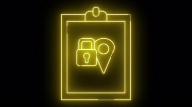 Siyah arkaplanda sarı neon bir tasarım. Pano asma kilidi ve konum pimi tasvir ediliyor.