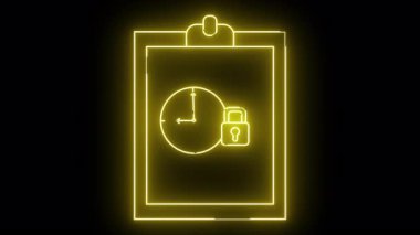 Siyah zemin üzerinde kilit ve saat simgesi olan neon pano sarısı
