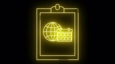 Küre ve takvim simgesi olan bir panoda sarı neon bir tabela.