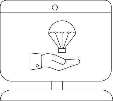 Simge, ekranda paraşüt tutan eli olan bir bilgisayar ekranı gösterir