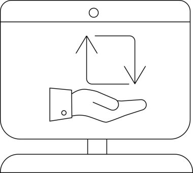 Bir bilgisayar monitörü veri aktarımını gösteren oklu bir el gösterir ve senkronize eder