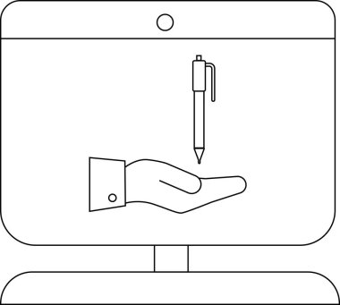 Bir bilgisayar monitörü, üzerinde asılı duran bir kalemle bir el görüntüler.