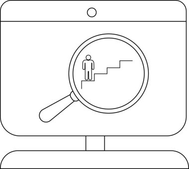 Monitörde, merdivenleri tırmanan bir figürün üzerinde büyüteç görülüyor.