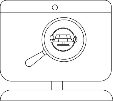 Bir monitör, yenilenebilir enerjiyi vurgulayan bir elektrik prizi ve yaprağıyla güneş paneline yakınlaştıran bir büyüteç görüntüler.