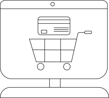 Bir monitör, muhtemelen online alışveriş veya ecommerce temsil eden bir alışveriş arabasının üzerinde bir kredi kartı gösterir.