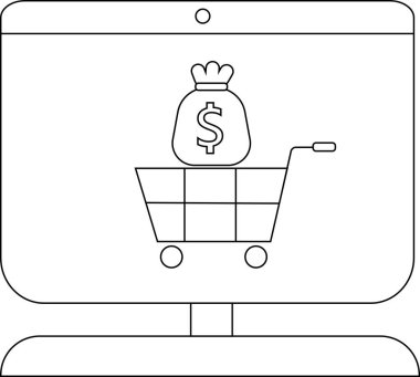 Bilgisayar monitörü üzerinde para çantası olan bir alışveriş arabası gösteriyor.
