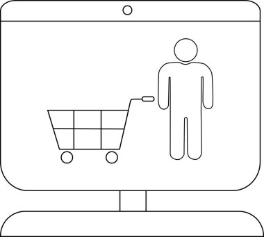 Siyah-beyaz resim, bilgisayar ekranında alışveriş arabası ve insan figürlü online bir alışveriş konseptini gösteriyor.