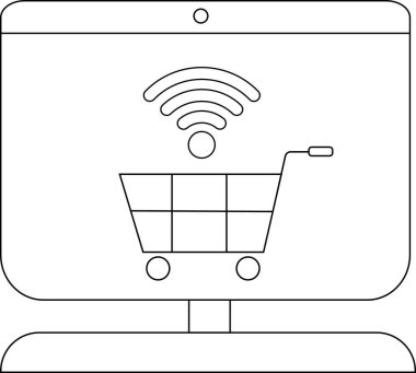 Ekranda bir alışveriş arabası ve kablosuz internet sembolü olan stilize bir monitör.