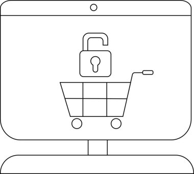 Monitörde üzerinde asma kilit olan bir alışveriş arabası var. Güvenli çevrimiçi işlemleri simgeliyor.
