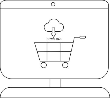 Bir alışveriş arabası simgesini gösteren bulut indirme okunu gösteren bir monitör