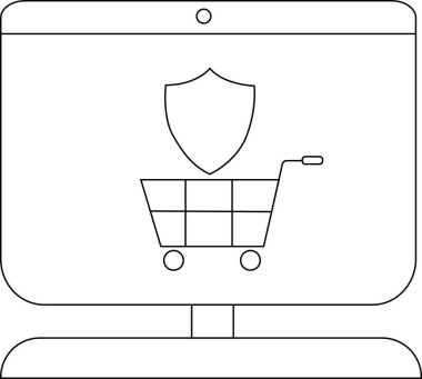 Alışveriş arabası ve kalkan grafikli bir bilgisayar monitörü çizimi