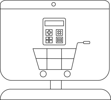 Görüntü ekranında alışveriş arabası simgesi ve hesap makinesi olan bir bilgisayar gösteriyor.