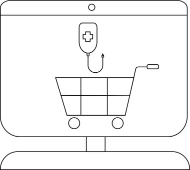 Ekranda alışveriş arabası, tıbbi serum torbası ve ekranın altında daireler var.