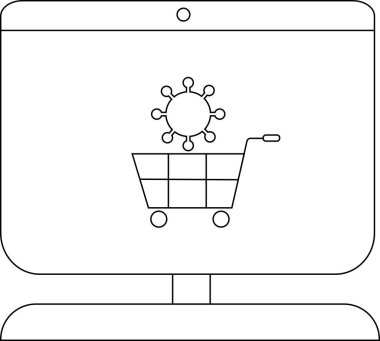 Alışveriş arabasının üstünde virüs olan bilgisayar ekranı siyah beyaz ana hatlarıyla sunuluyor.